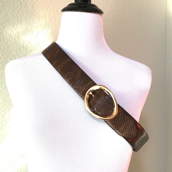 NWT DKNY Snake Embossed Brown Oval Gold Belt Small - Picture 2 of 4